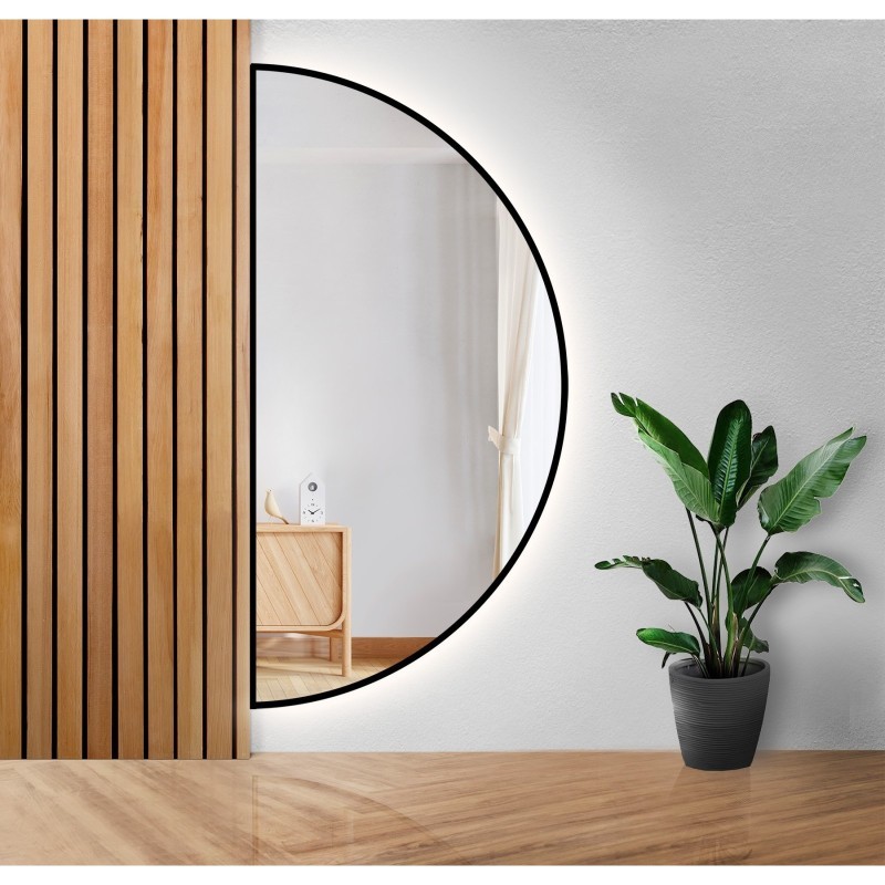 Zrcadlo půlkruhové v černém rámu s osvětlením MDF SLIM - HILDA LED