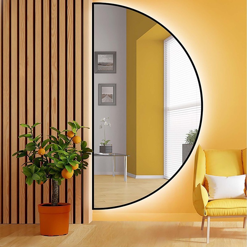 Zrcadlo půlkruhové v černém rámu s osvětlením MDF SLIM - HILDA LED