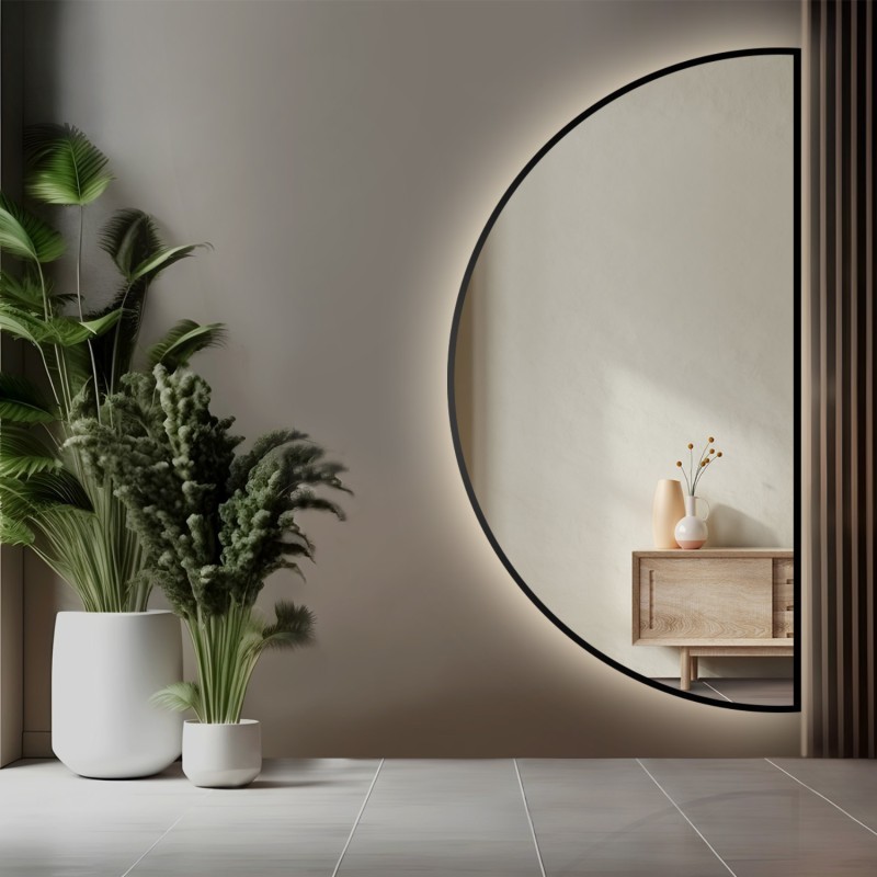 Zrcadlo půlkruhové v černém rámu s osvětlením MDF SLIM - HILDA LED