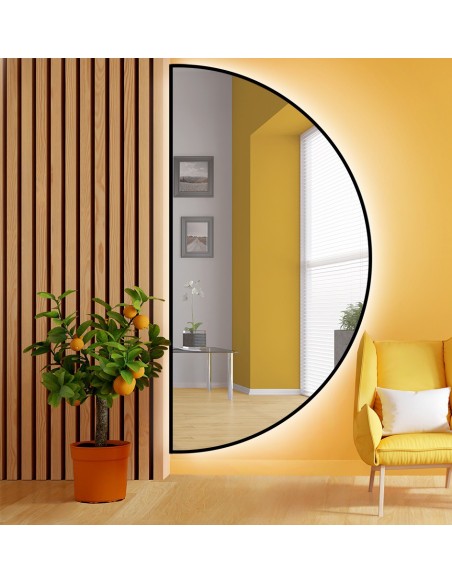 Zrcadlo půlkruhové v černém rámu s osvětlením MDF SLIM - HILDA LED