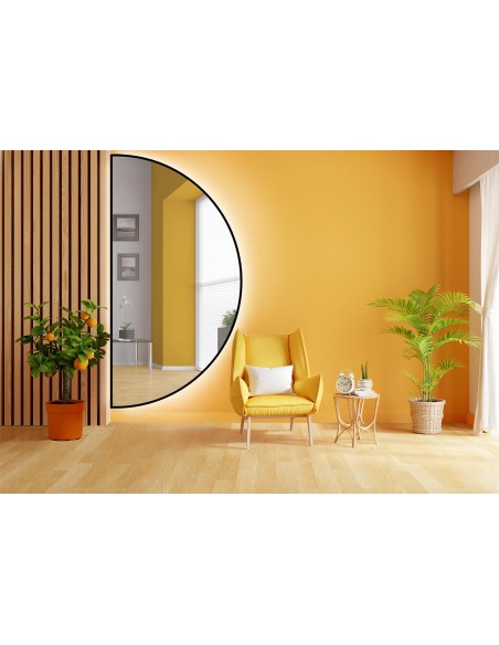 Zrcadlo půlkruhové v černém rámu s osvětlením MDF SLIM - HILDA LED
