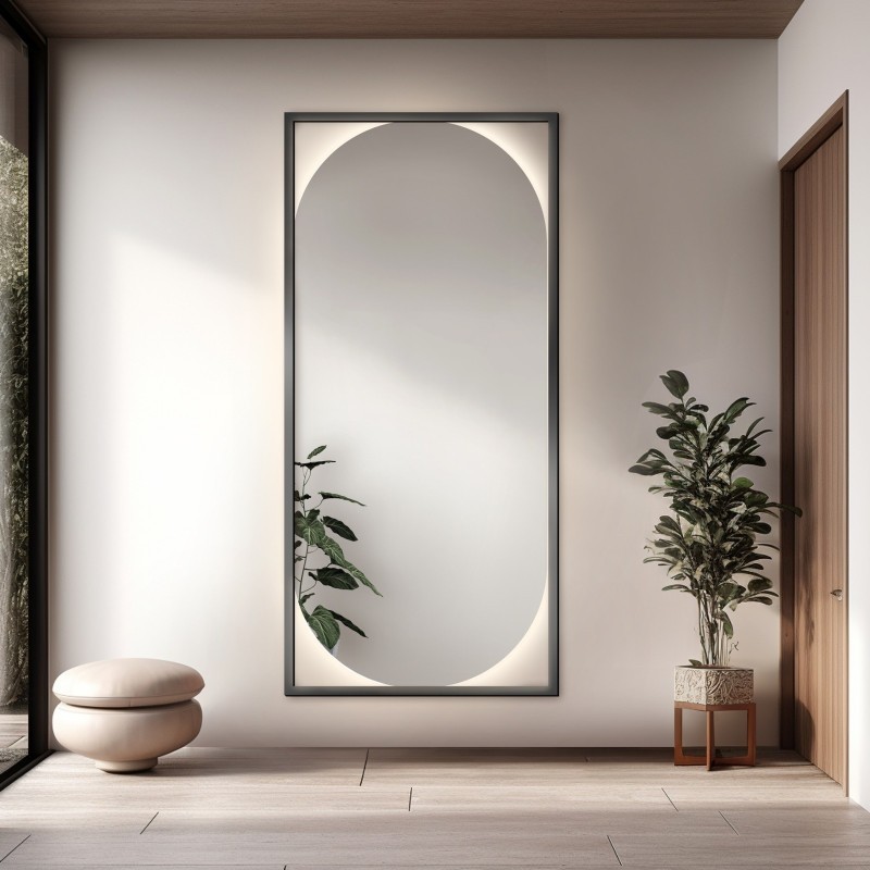 Moderní oválné zrcadlo v dřevěném rámu s osvětlením - RENA LED