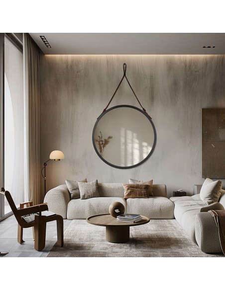 Kulaté zrcátko v černém matném rámu na černém koženém řemínku - OTTO PASEK BLACK - barva rámu dle vašeho výběru