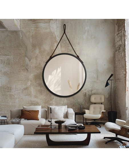 Kulaté zrcátko v černém matném rámu na černém koženém řemínku - OTTO PASEK BLACK - barva rámu dle vašeho výběru