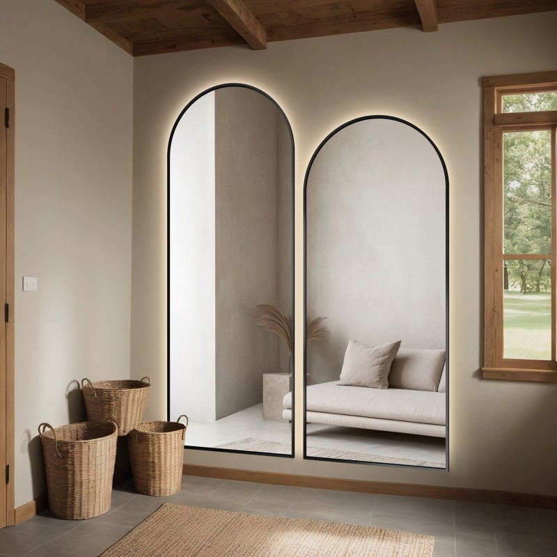 Sada dvou polooválných zrcadel v černém rámu MDF SLIM s osvětlením - SADA DOMI II V LED RÁMU