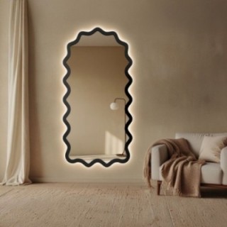 Polovalcové zrcadlo ve vlnitém rámu z MDF s podsvícením – AQUARELLE SONA LED