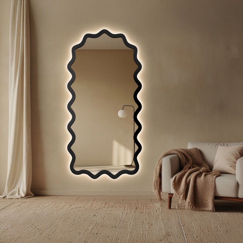 Polovalcové zrcadlo ve vlnitém rámu z MDF s podsvícením – AQUARELLE SONA LED