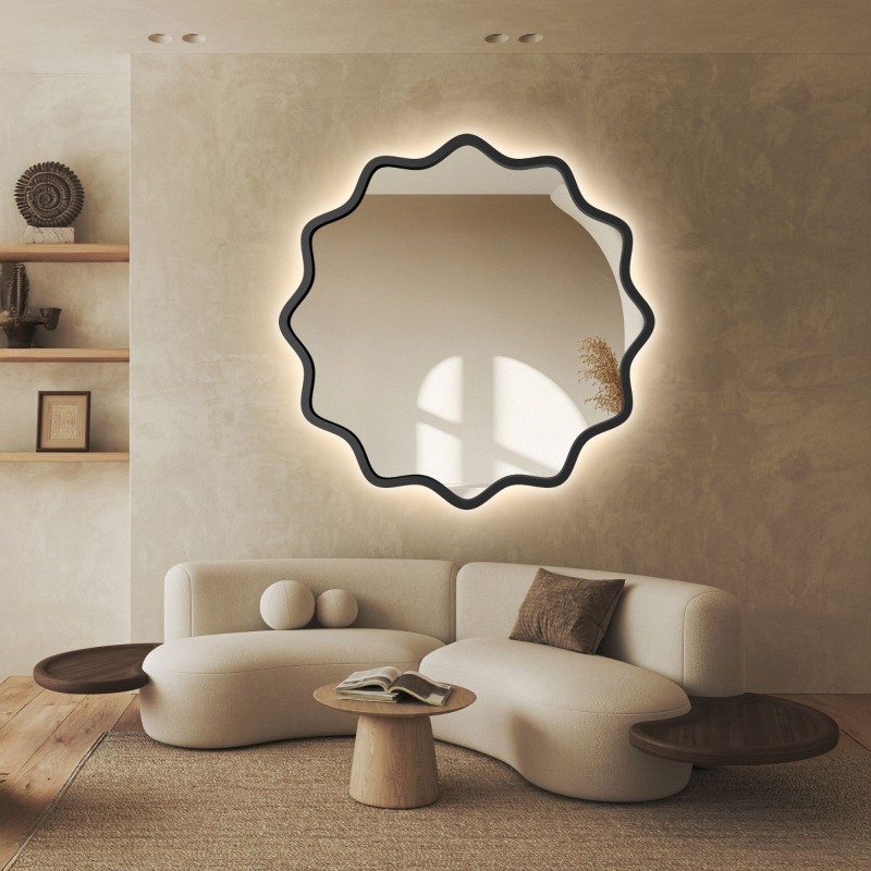 Kulaté zrcadlo v vlnitém rámu z MDF s podsvícením – AQUARELLE NAYA LED