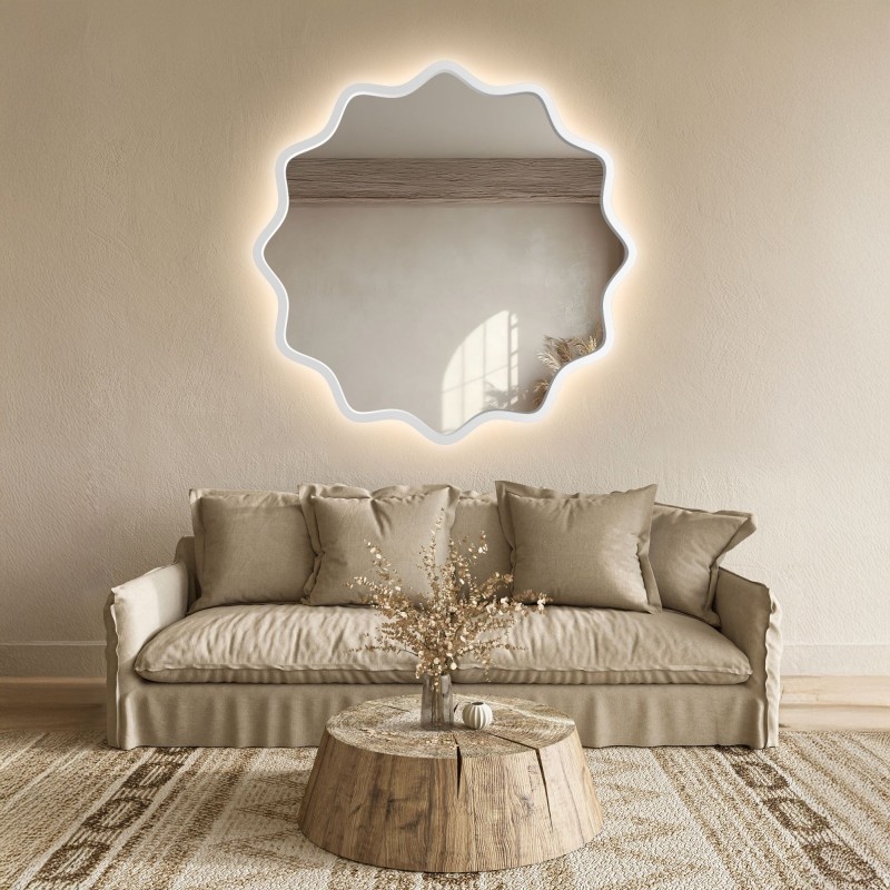 Kulaté zrcadlo v vlnitém rámu z MDF s podsvícením – AQUARELLE NAYA LED