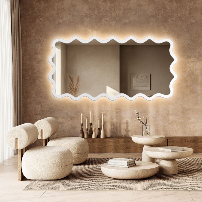 Obdélníkové zrcadlo v vlnitém rámu z MDF s podsvícením – AQUARELLE MARELLA LED