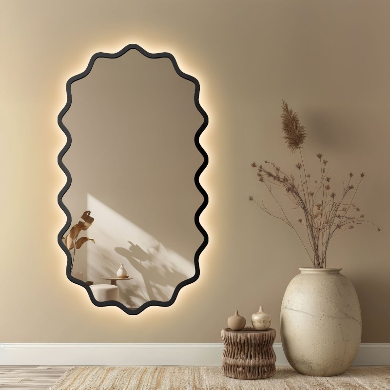 Oválné zrcadlo v vlnitém rámu z MDF s podsvícením – AQUARELLE ELORA LED