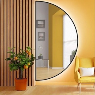 Zrcadlo půlkruhové v černém rámu s osvětlením MDF SLIM - HILDA LED