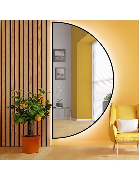 Zrcadlo půlkruhové v černém rámu s osvětlením MDF SLIM - HILDA LED