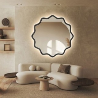 Kulaté zrcadlo v vlnitém rámu z MDF s podsvícením – AQUARELLE NAYA LED