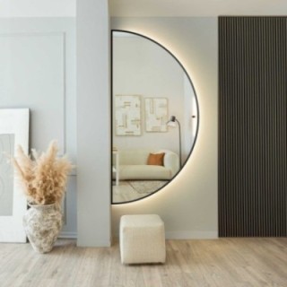 Zrcadlo půlkruhové v černém rámu s osvětlením MDF SLIM - HILDA LED