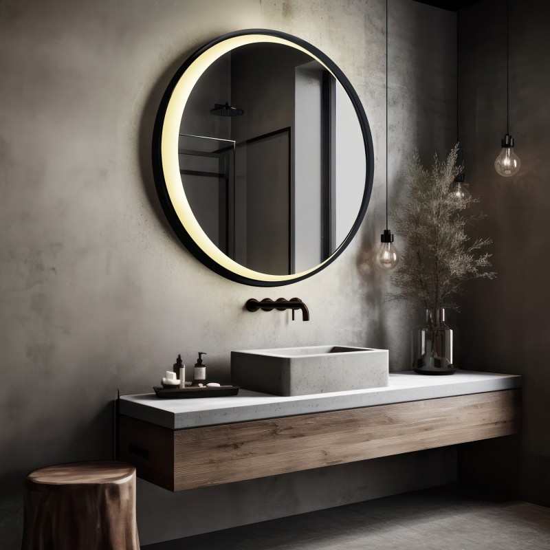 Kulaté zrcadlo v černém MDF rámu s pískovaným měsícem LED – MIDNIGHT LED