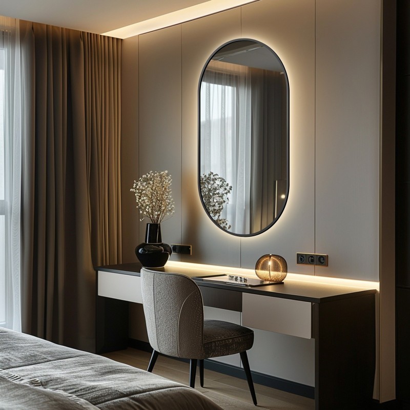 Oválné zrcadlo v černém rámu MDF SLIM s osvětlením - OLI LED - barva rámu dle vašeho výběru