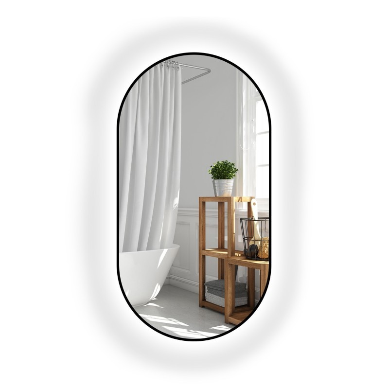 Oválné zrcadlo v černém rámu MDF SLIM s osvětlením - OLI LED - barva rámu dle vašeho výběru