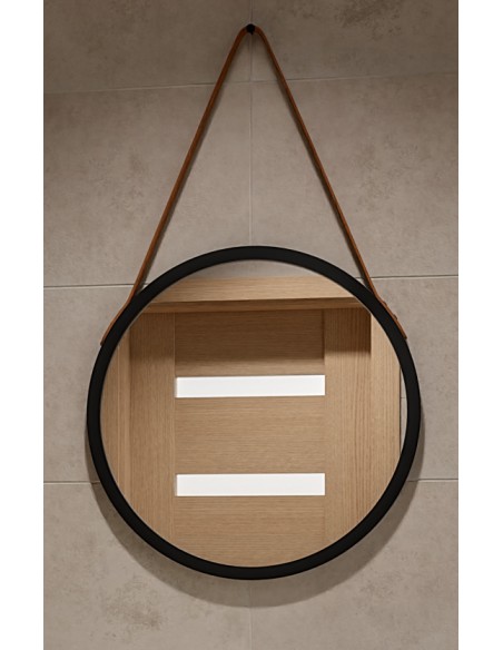 Kulaté zrcátko v černém matném rámu na hnědém koženém řemínku - OTTO PASEK BRONZE - barva rámu dle vašeho výběru