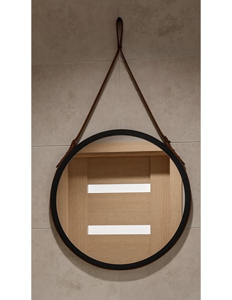 Kulaté zrcátko v černém matném rámu na černém koženém řemínku - OTTO PASEK BLACK - barva rámu dle vašeho výběru