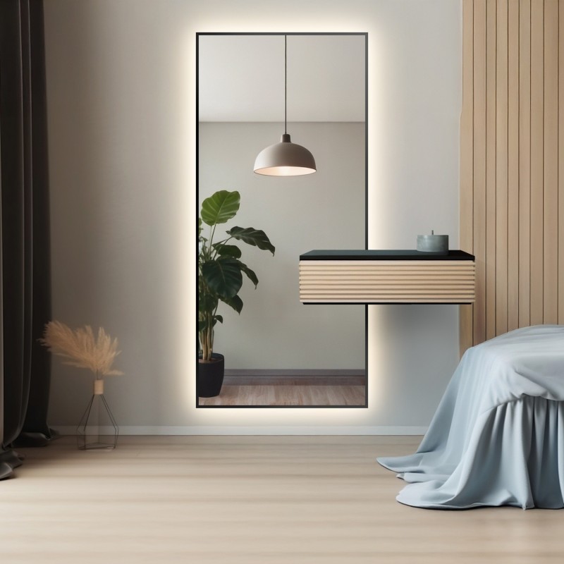 Moderní zrcadlo v rámu s výřezem pro skříňku s LED podsvícením 1503