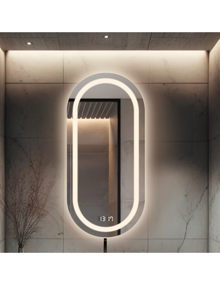 Koupelnové oválné zrcadlo s digitálním hodinami - HOLI LED PREMIUM