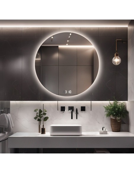 Koupelnové kruhové zrcadlo s digitálním hodinami - LED KRUH PREMIUM
