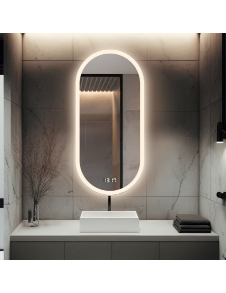 Koupelnové oválné zrcadlo s digitálními hodinami - ROMI LED PREMIUM