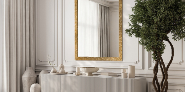 Zrcadlo ve zlatém rámu — luxusní prvek v moderním interiéru